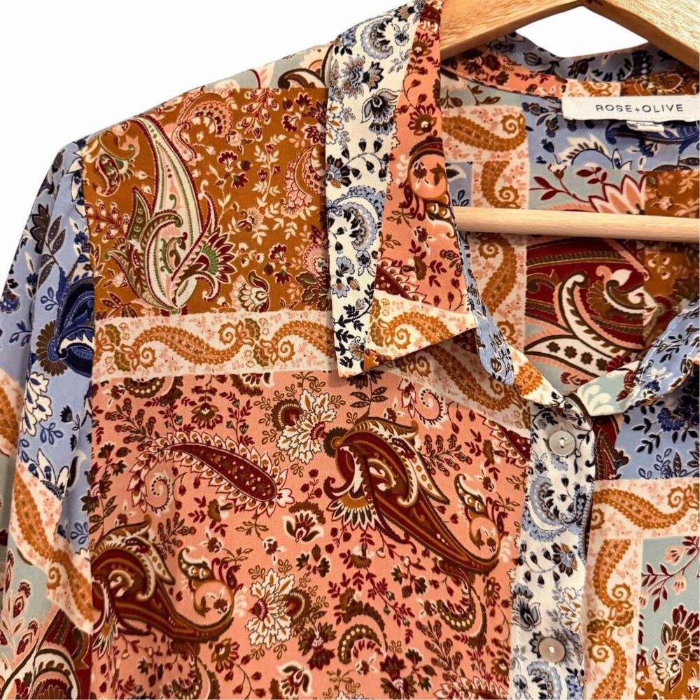 Rose & Olive Womens Oversized Patchwork Button Up Top Size 2X Paisley Boho Loose - Picture 2 of 8